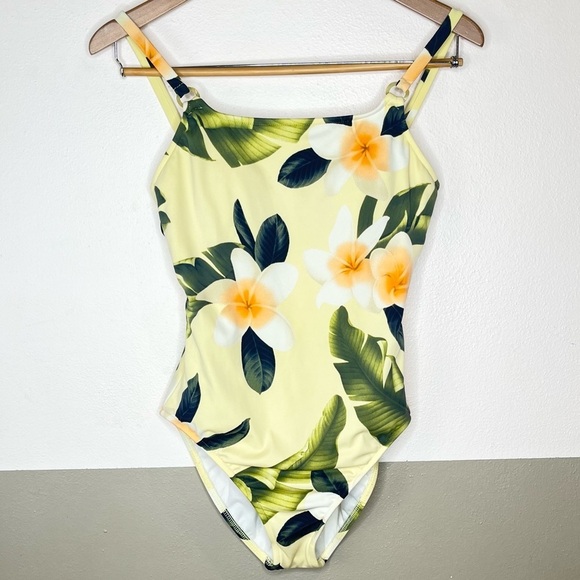 Vintage Leiloni 90s Pastel Yellow One Piece Tropical Floral Pinup Swimsuit 8 - Picture 2 of 16